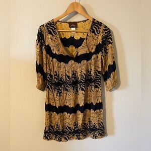 Vintage 2000s Prairie New York Gold Navy Tunic Dress Silk Lycra Large